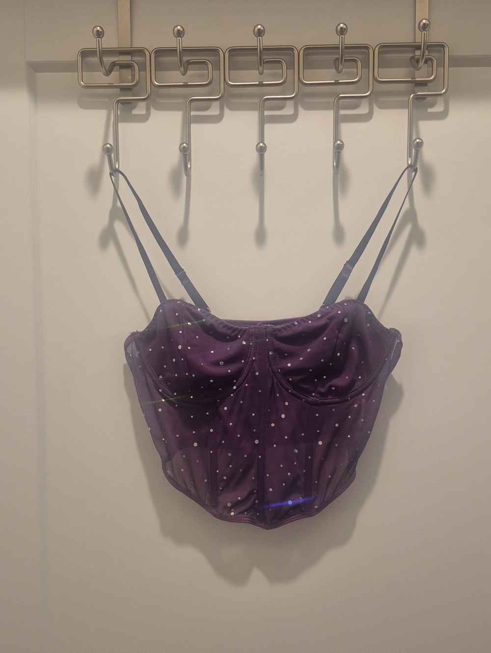 Purple Rhinestone Mesh Bustier Crop Top